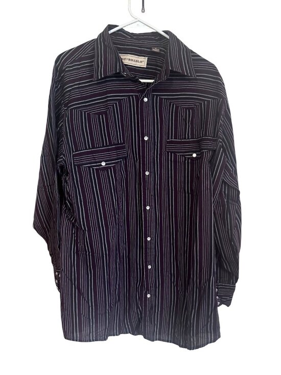 Bit & Bridle Other - Bit & Bridle pearl snap burgundy and gray striped shirt size LT